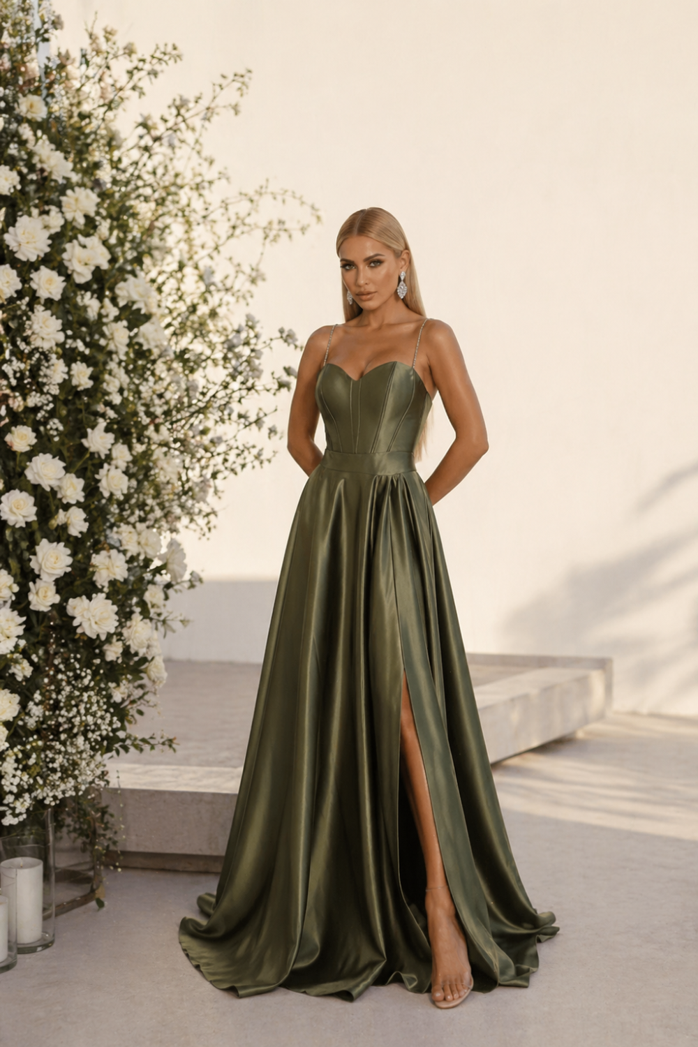 VESTIDO DE FESTA NORUEGA CREPE ACETINADO - VERDE OLIVA