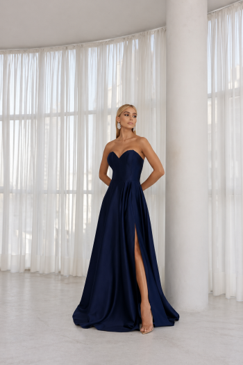 VESTIDO DE FESTA NORUEGA CREPE ACETINADO - AZUL MARINHO