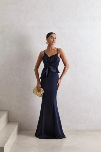 VESTIDO DE FESTA LONGO INGLATERRA FLOWERS - AZUL MARINHO