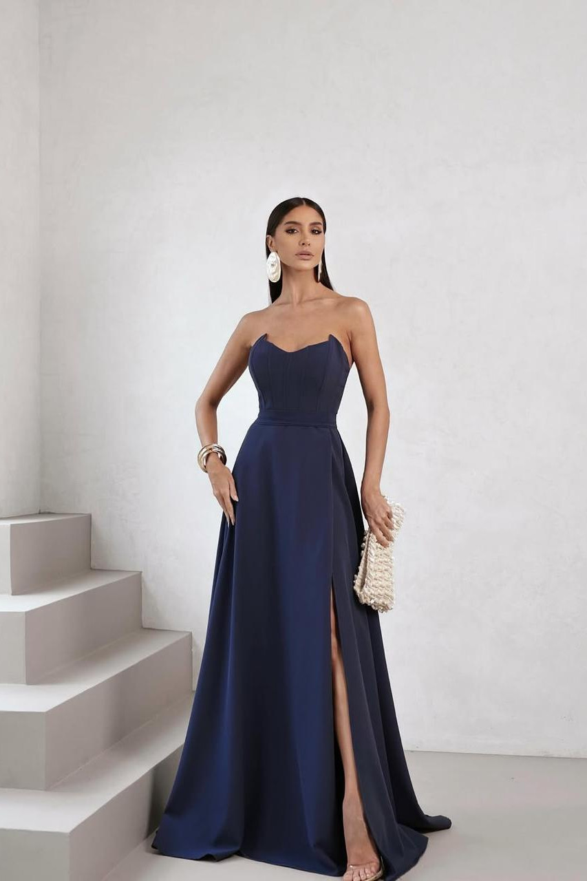 VESTIDO DE FESTA AUSTIN T.Q.C CREPE ALFAIATARIA - AZUL MARINHO