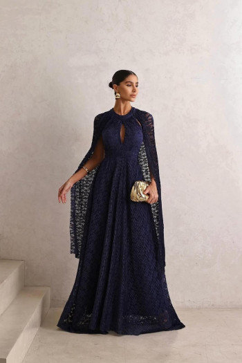 VESTIDO DE FESTA ANGRA RENDA COM CAPA REMOVÍVEL - AZUL MARINHO