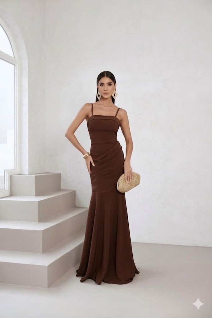 VESTIDO DE FESTA AGNES SEREIA CREPE ALFAIATARIA - MARROM