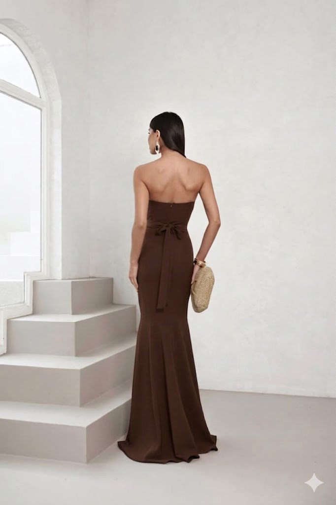 VESTIDO DE FESTA AGNES SEREIA CREPE ALFAIATARIA - MARROM