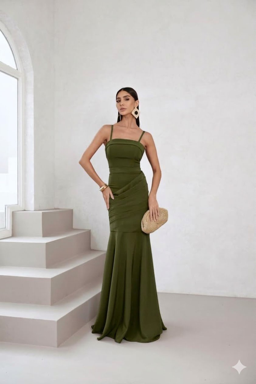 VESTIDO DE FESTA AGNES SEREIA CREPE ALFAIATARIA - VERDE OLIVA