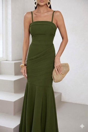 VESTIDO DE FESTA AGNES SEREIA CREPE ALFAIATARIA - VERDE OLIVA