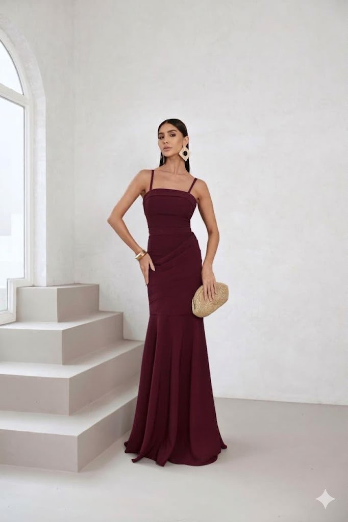 VESTIDO DE FESTA AGNES SEREIA CREPE ALFAIATARIA - VINHO