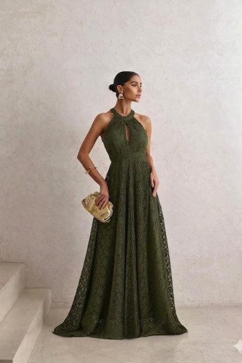 VESTIDO DE FESTA ANGRA RENDA COM CAPA REMOVÍVEL - VERDE OLIVA