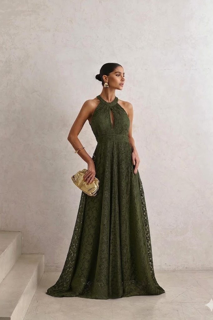 VESTIDO DE FESTA ANGRA RENDA COM CAPA REMOVÍVEL - VERDE OLIVA