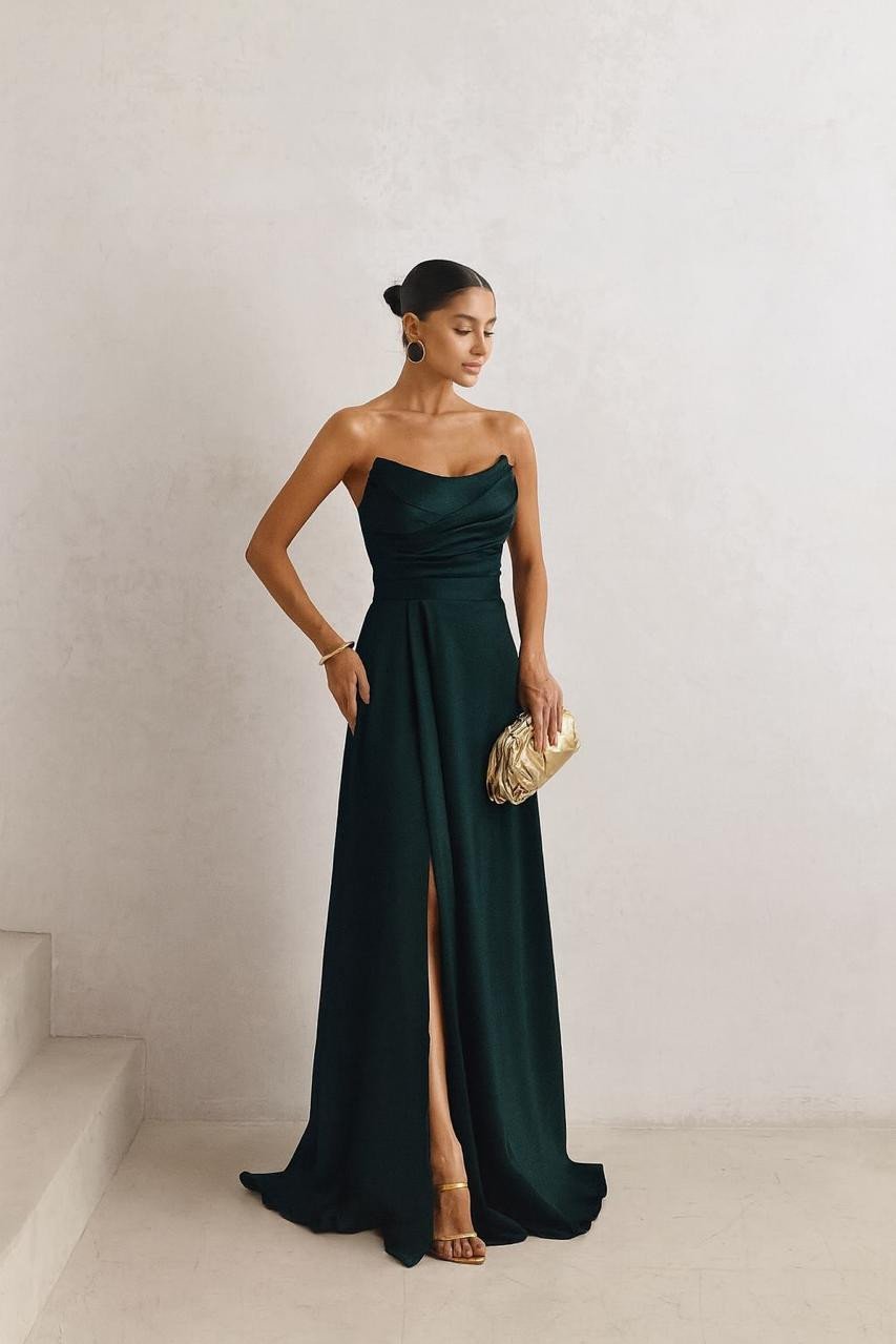 VESTIDO DE FESTA CINTIA T.Q.C LONGO FENDA - VERDE ESMERALDA