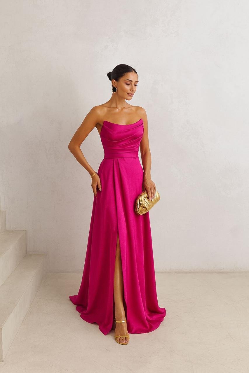 VESTIDO DE FESTA CINTIA T.Q.C LONGO FENDA - FÚCSIA
