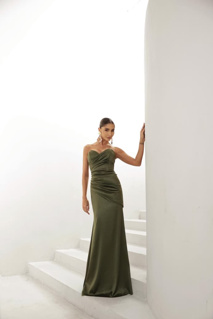 VESTIDO DE FESTA EVA CREPE ACETINADO - VERDE OLIVA