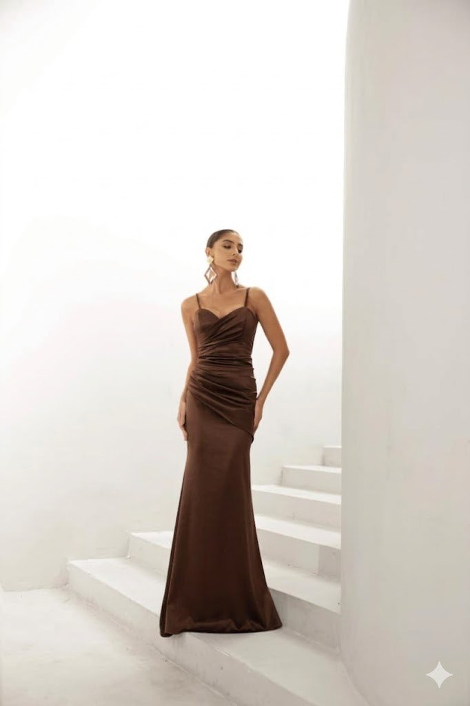 VESTIDO DE FESTA EVA CREPE ACETINADO - MARROM