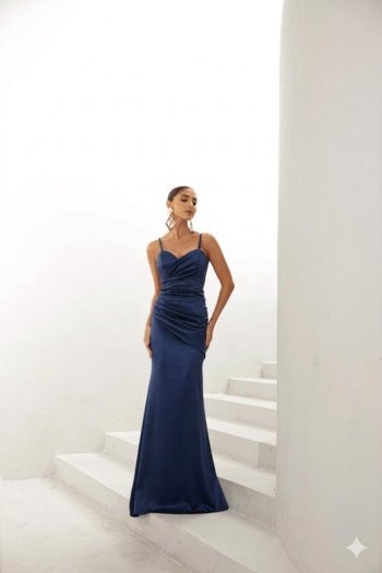 VESTIDO DE FESTA EVA CREPE ACETINADO - AZUL MARINHO