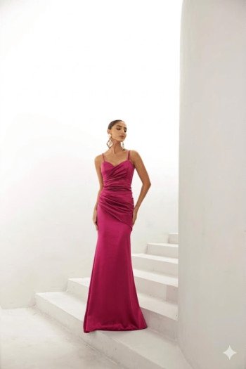 VESTIDO DE FESTA EVA CREPE ACETINADO - FÚCSIA