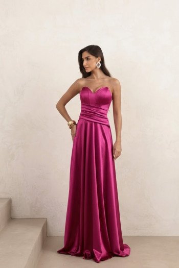 VESTIDO DE FESTA GIOVANA CREPE ACETINADO FAIXA CHOKER - FÚCSIA