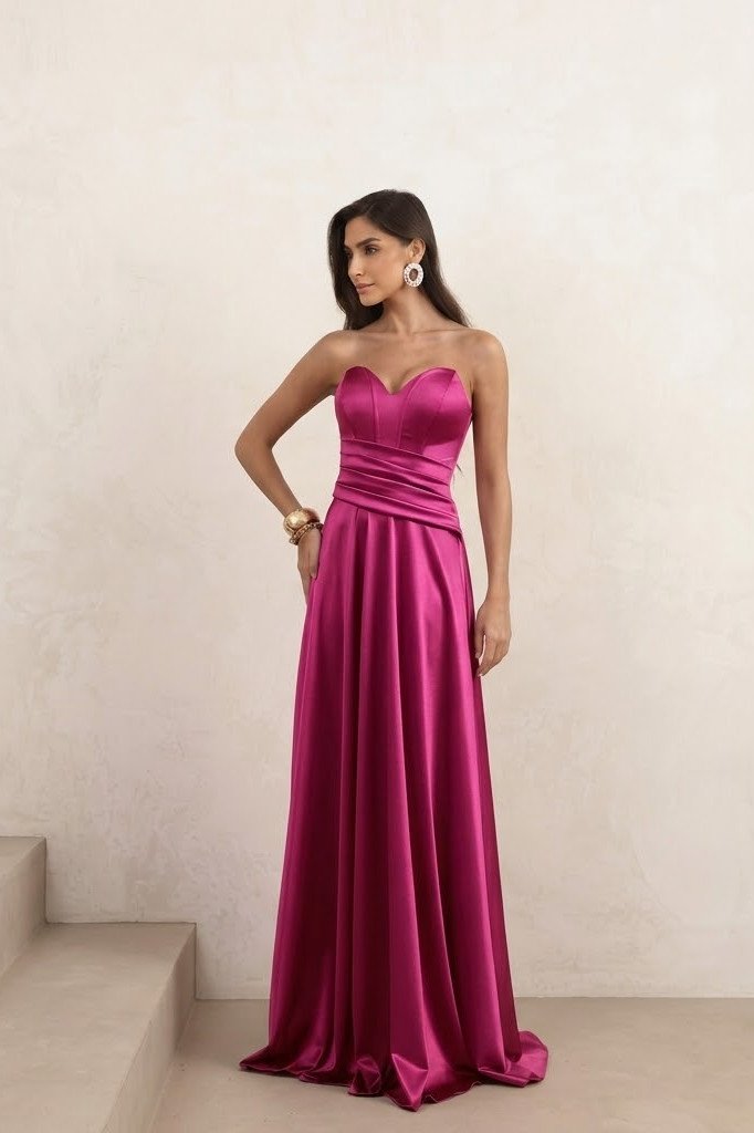 VESTIDO DE FESTA GIOVANA CREPE ACETINADO FAIXA CHOKER - FÚCSIA