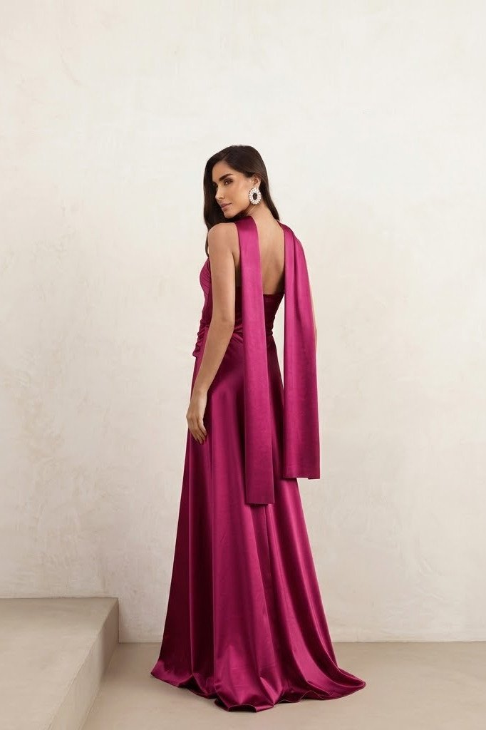 VESTIDO DE FESTA GIOVANA CREPE ACETINADO FAIXA CHOKER - FÚCSIA