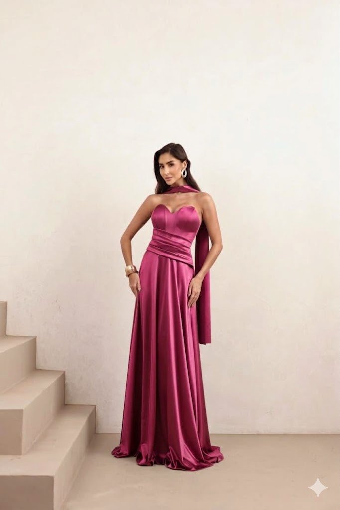 VESTIDO DE FESTA GIOVANA CREPE ACETINADO FAIXA CHOKER - FÚCSIA