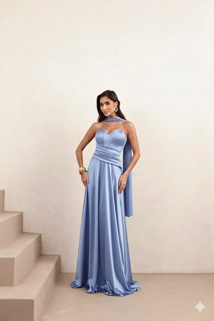 VESTIDO DE FESTA GIOVANA CREPE ACETINADO FAIXA CHOKER - AZUL SERENITY