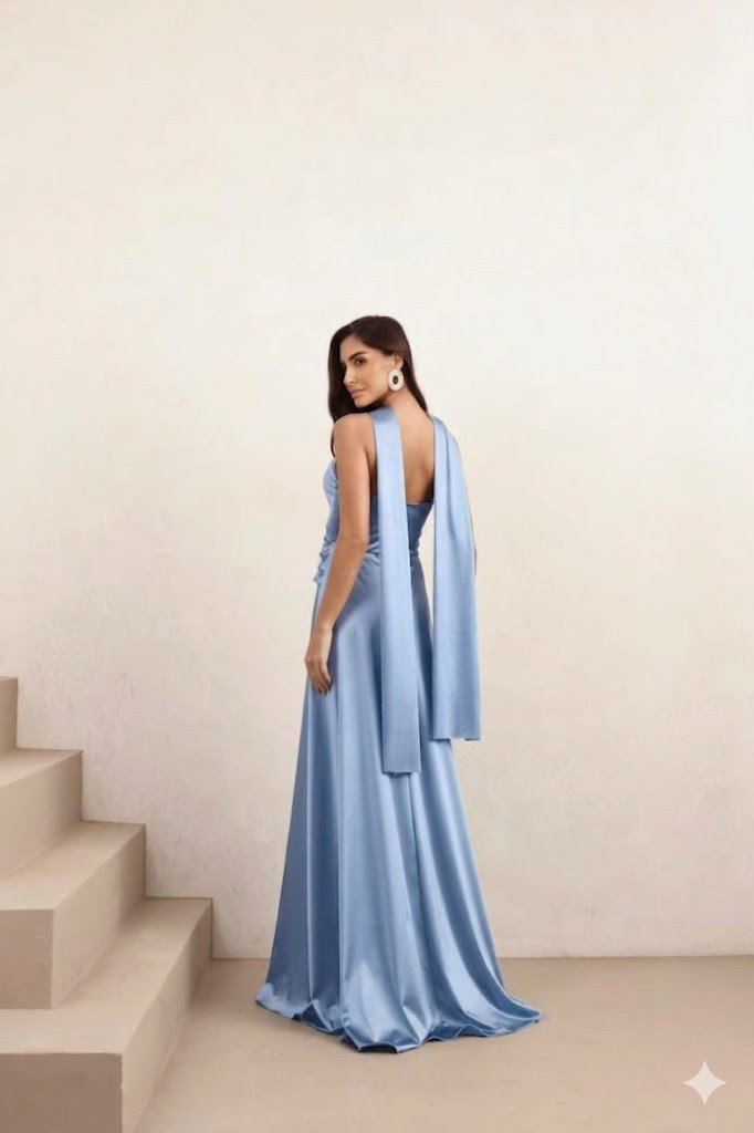 VESTIDO DE FESTA GIOVANA CREPE ACETINADO FAIXA CHOKER - AZUL SERENITY