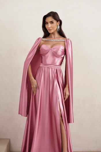 VESTIDO DE FESTA GLAMOUR COM CAPA CREPE ACETINADO - ROSA BEBÊ