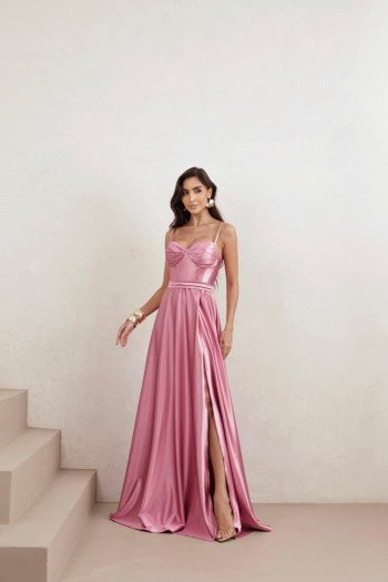 VESTIDO DE FESTA GLAMOUR COM CAPA CREPE ACETINADO - ROSA BEBÊ