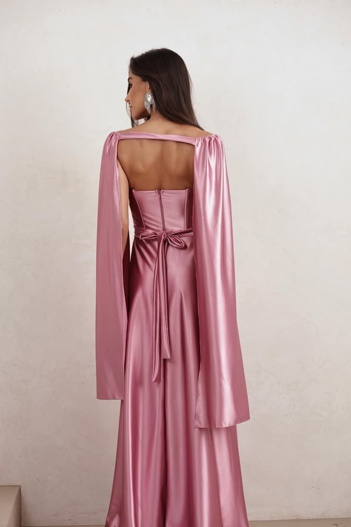 VESTIDO DE FESTA GLAMOUR COM CAPA CREPE ACETINADO - ROSA BEBÊ