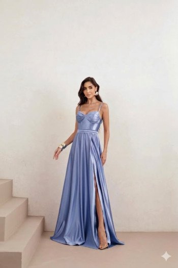 VESTIDO DE FESTA GLAMOUR COM CAPA CREPE ACETINADO - AZUL SERENITY