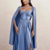 VESTIDO DE FESTA GLAMOUR COM CAPA CREPE ACETINADO - AZUL SERENITY