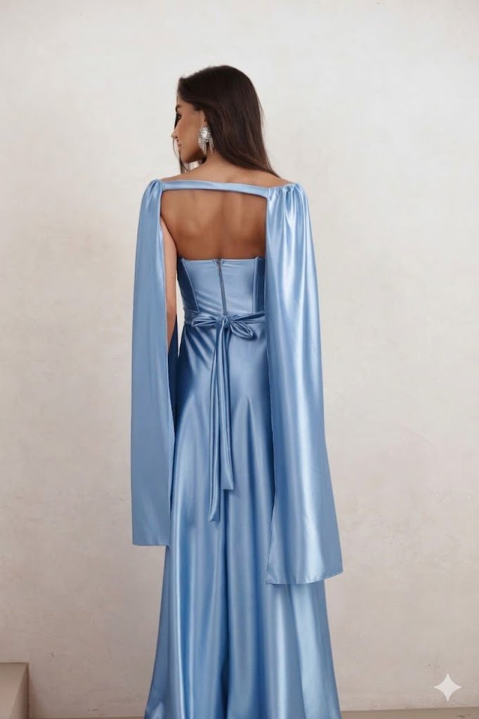 VESTIDO DE FESTA GLAMOUR COM CAPA CREPE ACETINADO - AZUL SERENITY