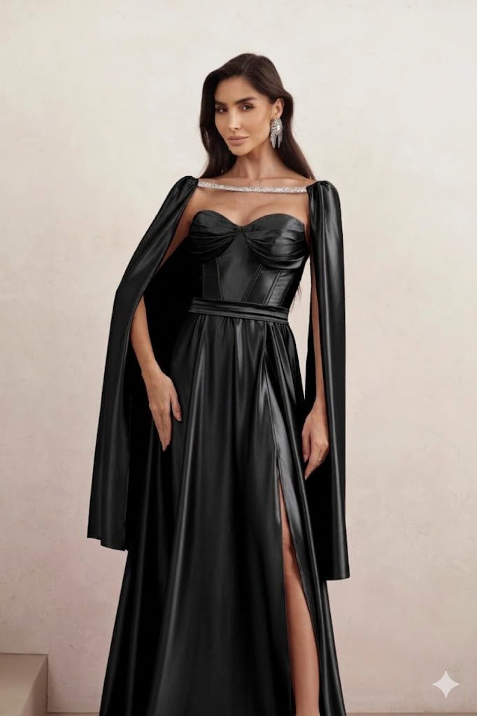 VESTIDO DE FESTA GLAMOUR COM CAPA CREPE ACETINADO - PRETO
