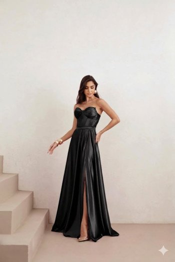 VESTIDO DE FESTA GLAMOUR COM CAPA CREPE ACETINADO - PRETO