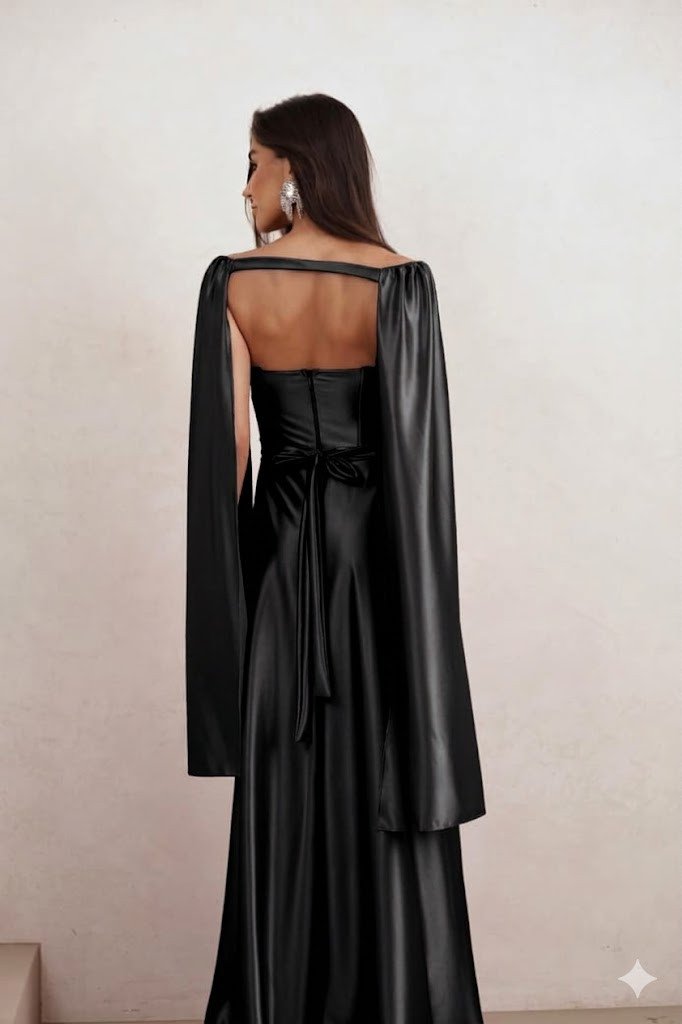 VESTIDO DE FESTA GLAMOUR COM CAPA CREPE ACETINADO - PRETO