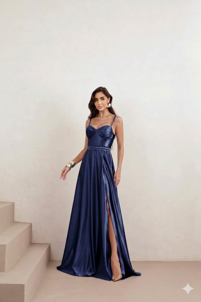 VESTIDO DE FESTA GLAMOUR COM CAPA CREPE ACETINADO - AZUL MARINHO