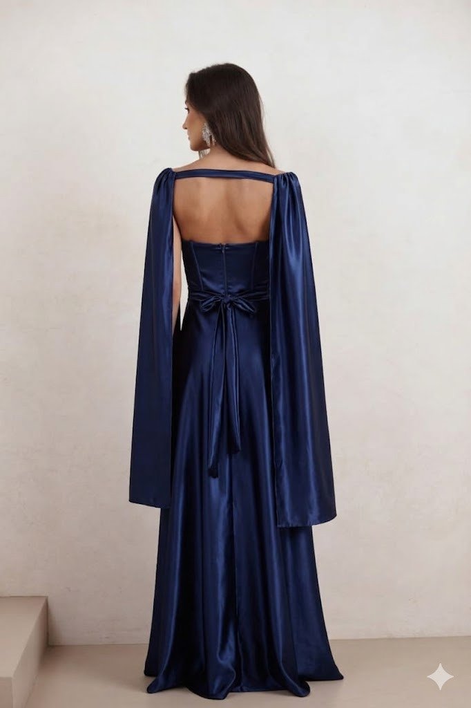 VESTIDO DE FESTA GLAMOUR COM CAPA CREPE ACETINADO - AZUL MARINHO