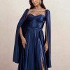 VESTIDO DE FESTA GLAMOUR COM CAPA CREPE ACETINADO - AZUL MARINHO
