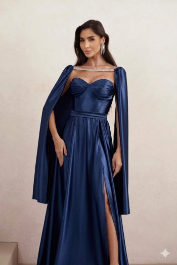 VESTIDO DE FESTA GLAMOUR COM CAPA CREPE ACETINADO - AZUL MARINHO