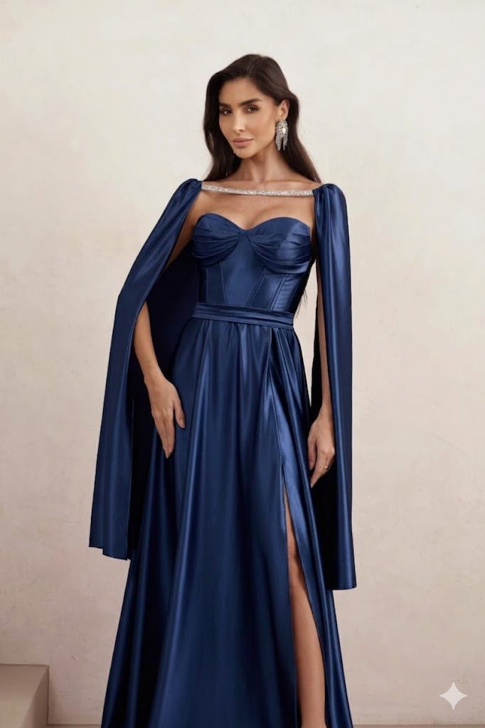 VESTIDO DE FESTA GLAMOUR COM CAPA CREPE ACETINADO - AZUL MARINHO