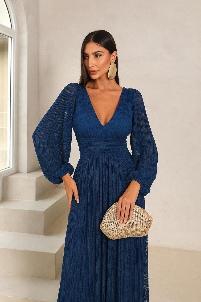 VESTIDO DE FESTA HELENA LONGO RENDA - AZUL ROYAL