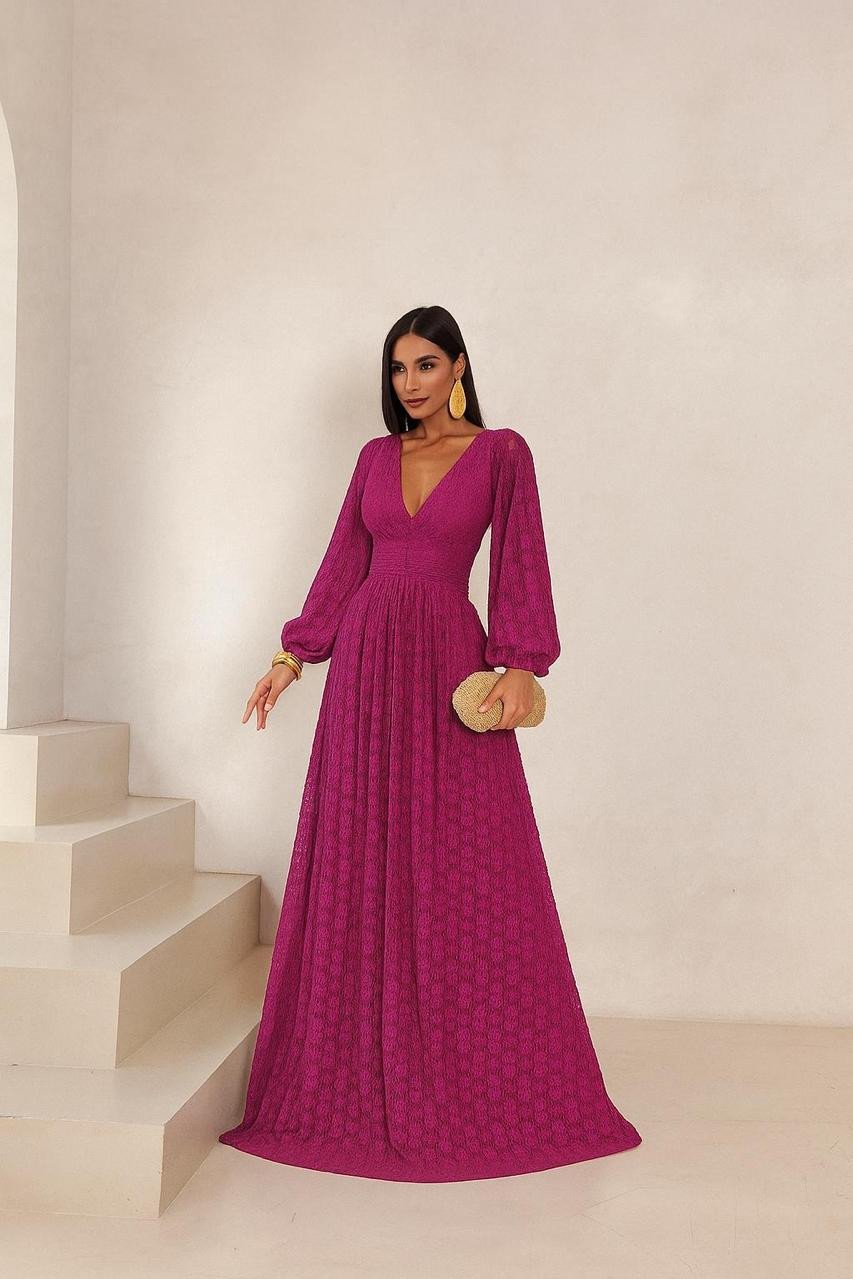 VESTIDO DE FESTA HELENA LONGO RENDA - FÚCSIA