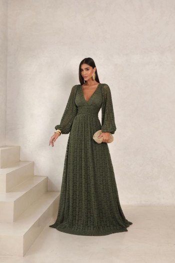 VESTIDO DE FESTA HELENA LONGO RENDA - VERDE OLIVA