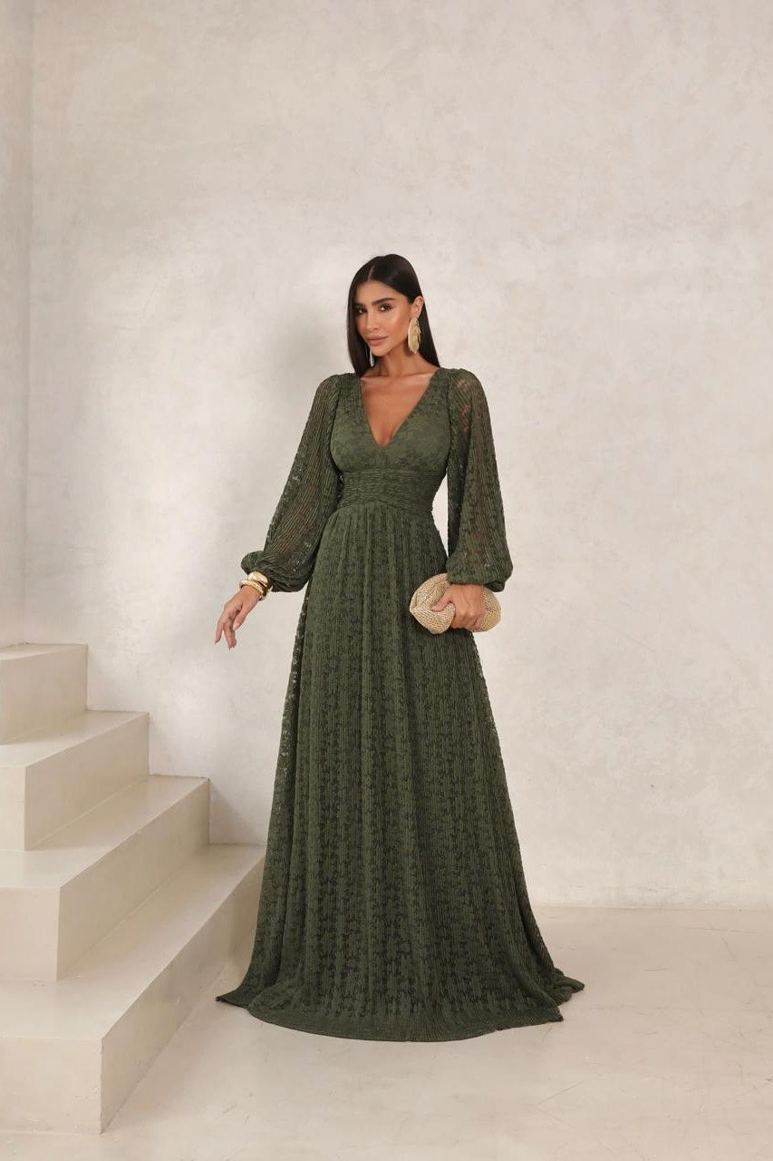 VESTIDO DE FESTA HELENA LONGO RENDA - VERDE OLIVA