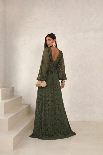 VESTIDO DE FESTA HELENA LONGO RENDA - VERDE OLIVA