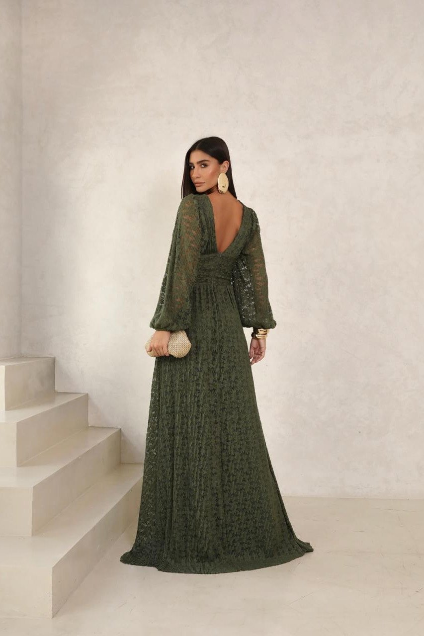 VESTIDO DE FESTA HELENA LONGO RENDA - VERDE OLIVA