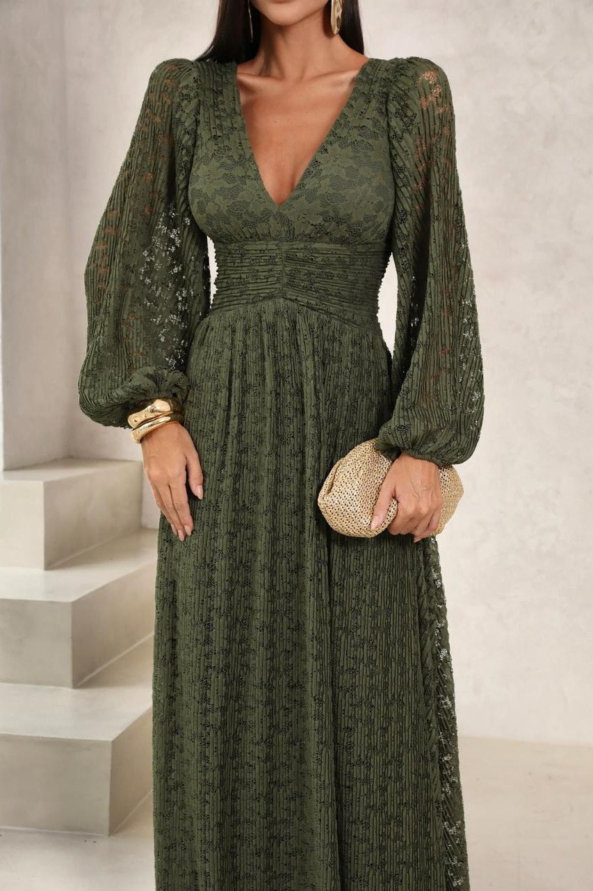 VESTIDO DE FESTA HELENA LONGO RENDA - VERDE OLIVA