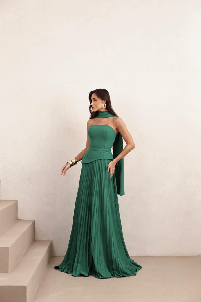 VESTIDO DE FESTA MAITÊ SAIA PLISSADA CHOKER - VERDE