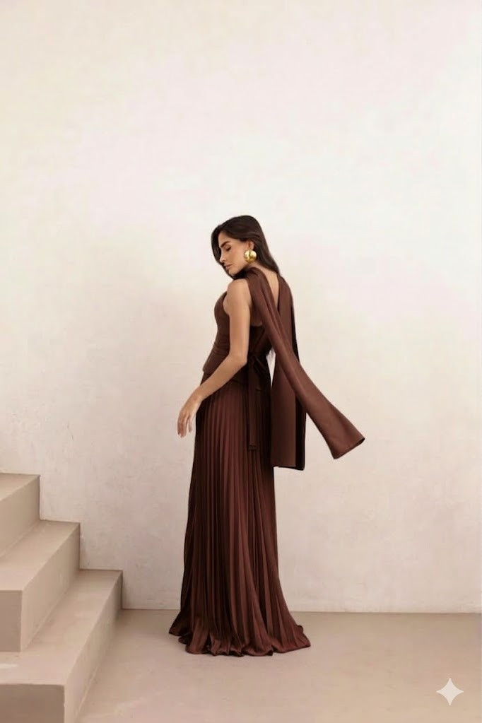 VESTIDO DE FESTA MAITÊ SAIA PLISSADA CHOKER - MARROM