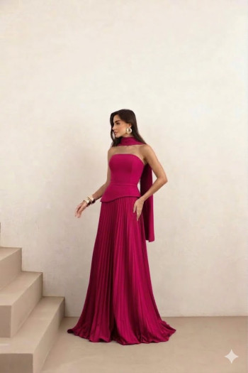 VESTIDO DE FESTA MAITÊ SAIA PLISSADA CHOKER - FÚCSIA