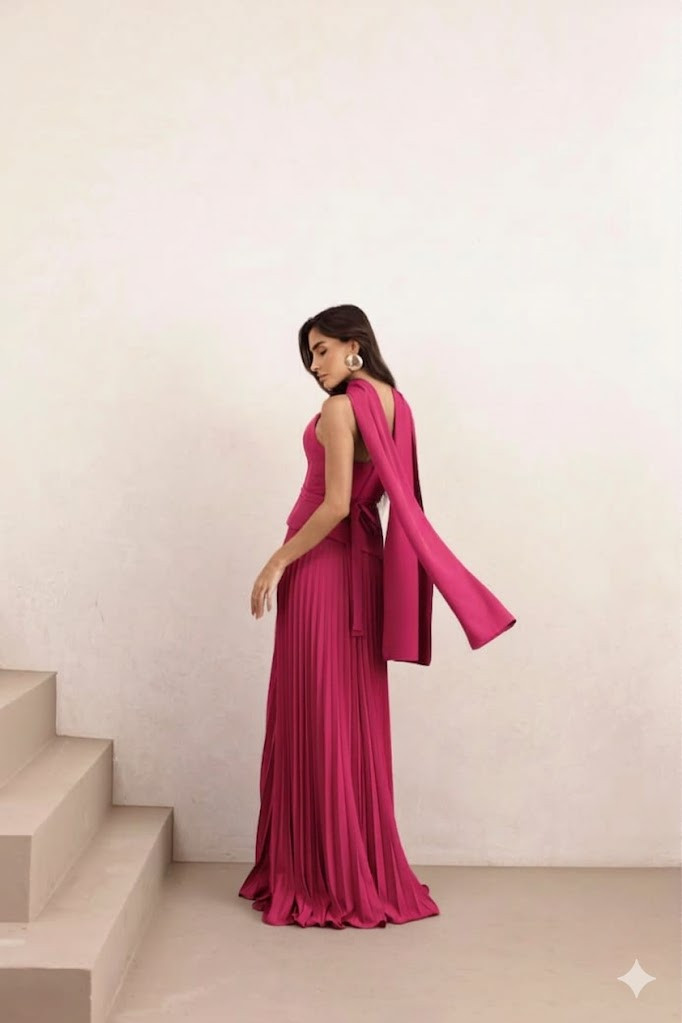 VESTIDO DE FESTA MAITÊ SAIA PLISSADA CHOKER - FÚCSIA