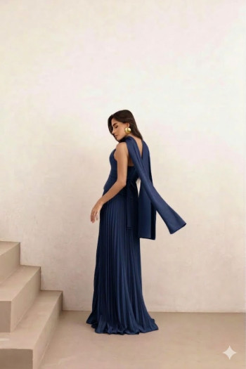 VESTIDO DE FESTA MAITÊ SAIA PLISSADA CHOKER - AZUL MARINHO